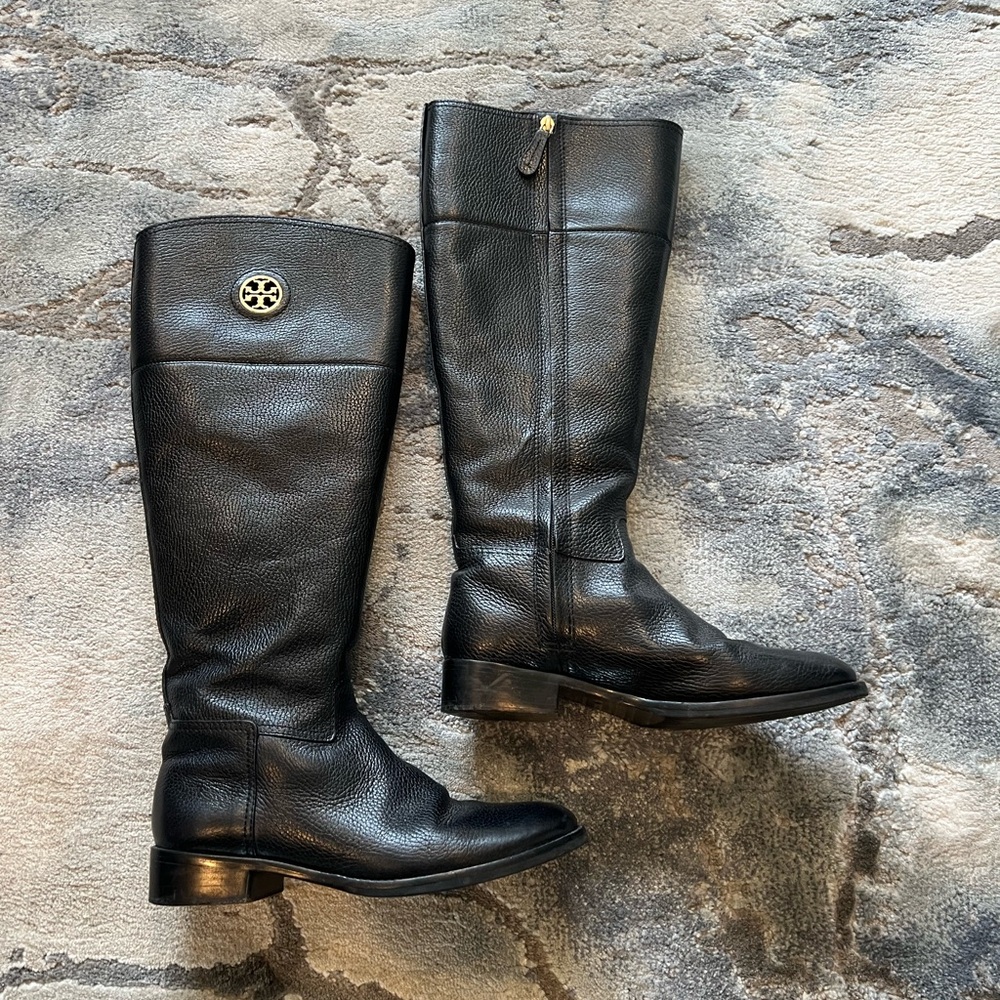 Tory Burch Leather Black Knee High Riding Boots